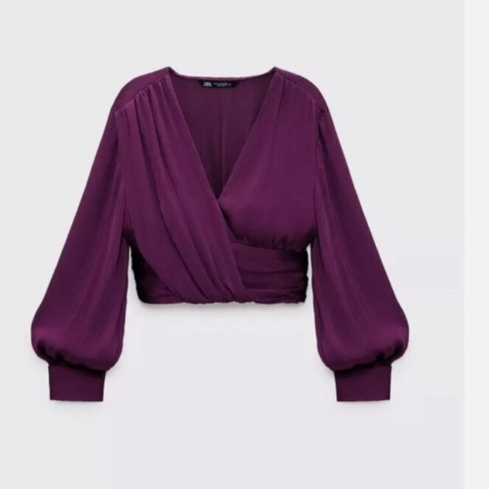 Zara Plum Purple Satin Long Sleeve Crop Top Blouse Gold Buttons